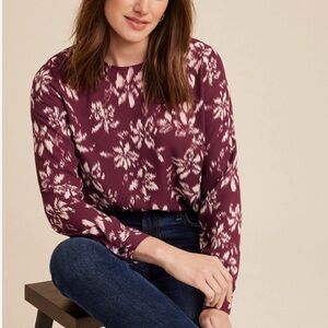 Maurice’s Delton Floral Button Back Blouse Maroon Print Long-Sleeve XL
